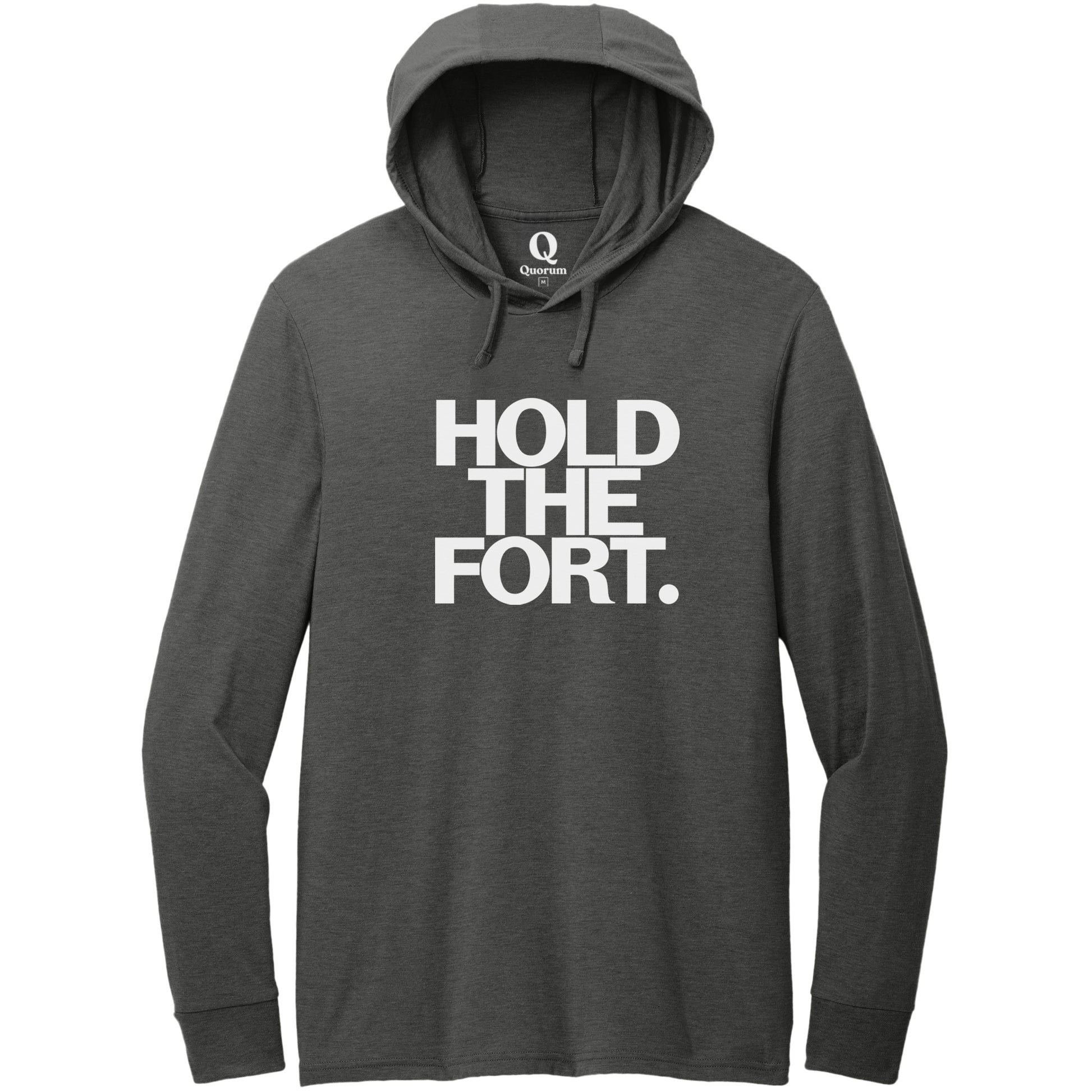 "Hold the Fort." Quorum Tri-Blend Hoodie Tee editorial print in Space Black