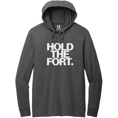 "Hold the Fort." Quorum Tri-Blend Hoodie Tee editorial print in Space Black