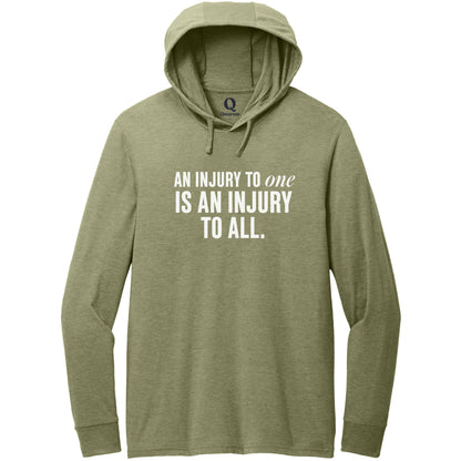 "An injury to one is an injury to all." Quorum Tri-Blend Hoodie Tee editorial print in Olive You Green