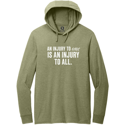 "An injury to one is an injury to all." Quorum Tri-Blend Hoodie Tee editorial print in Olive You Green
