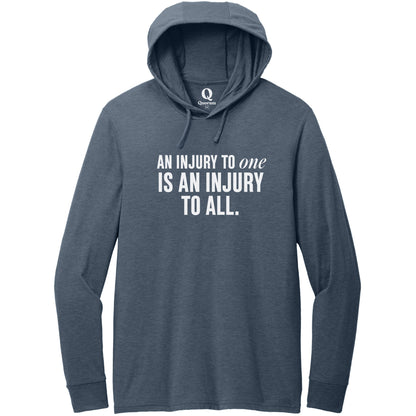 "An injury to one is an injury to all." Quorum Tri-Blend Hoodie Tee editorial print in Rebel Blue
