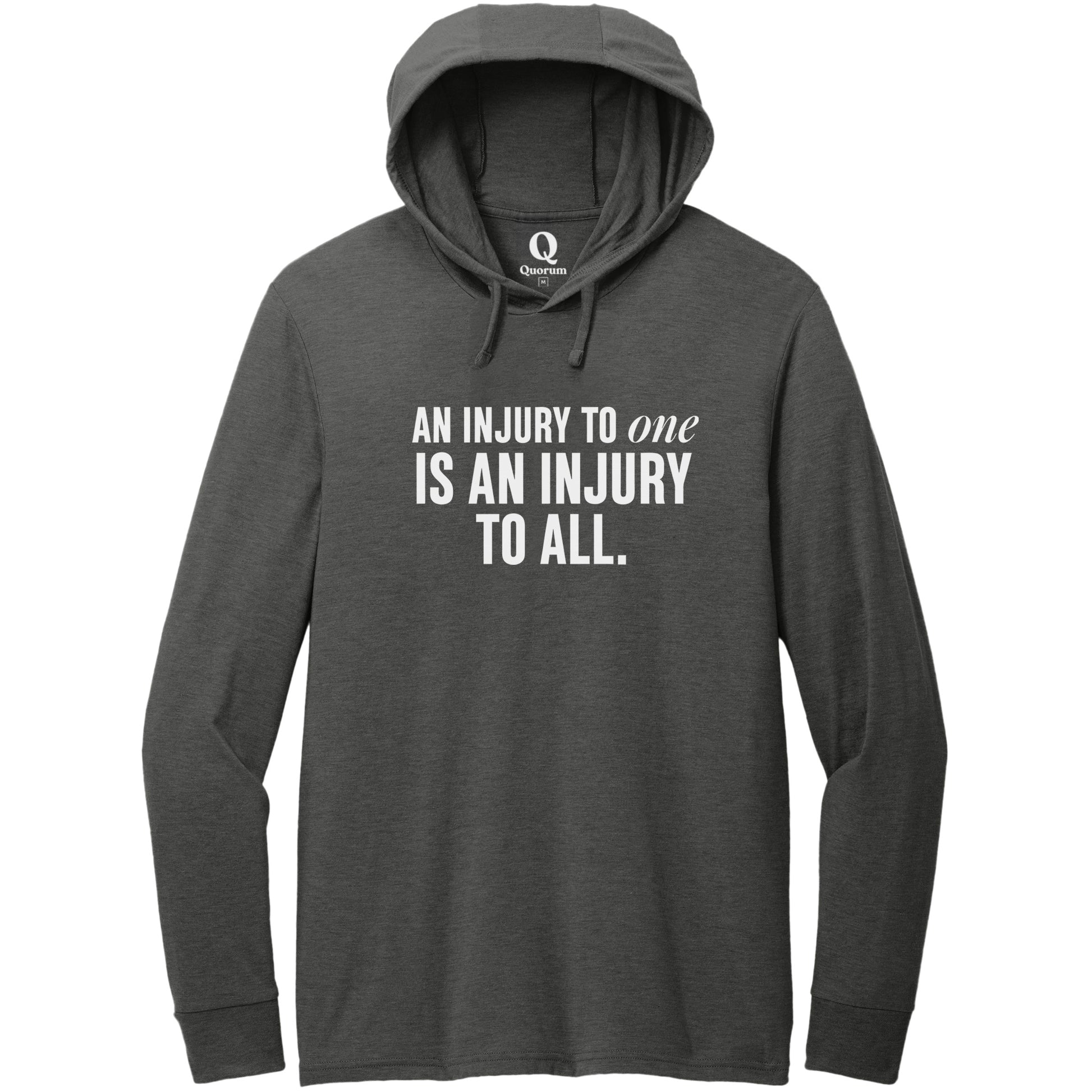 "An injury to one is an injury to all." Quorum Tri-Blend Hoodie Tee editorial print in Space Black