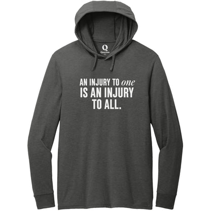 "An injury to one is an injury to all." Quorum Tri-Blend Hoodie Tee editorial print in Space Black