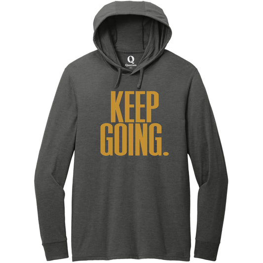 "Keep Going." Quorum Tri-Blend Hoodie Tee front print in Space Black