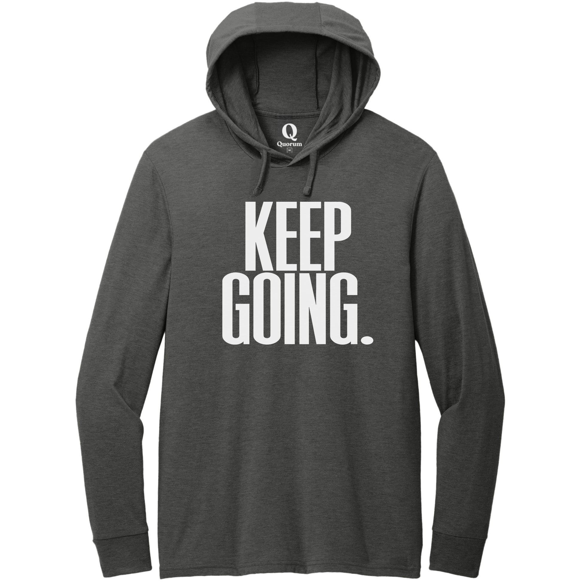 "Keep Going." Quorum Tri-Blend Hoodie Tee editorial print in Space Black