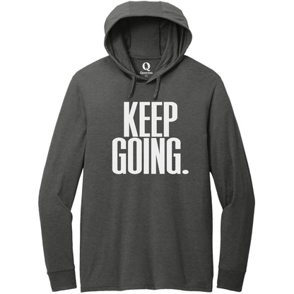 "Keep Going." Quorum Tri-Blend Hoodie Tee editorial print in Space Black