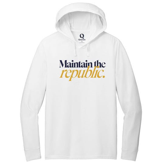 "Maintain the republic." Quorum Tri-Blend Hoodie Tee front print in Bright White