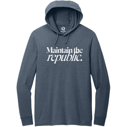 "Maintain the republic." Quorum Tri-Blend Hoodie Tee editorial print in Rebel Blue