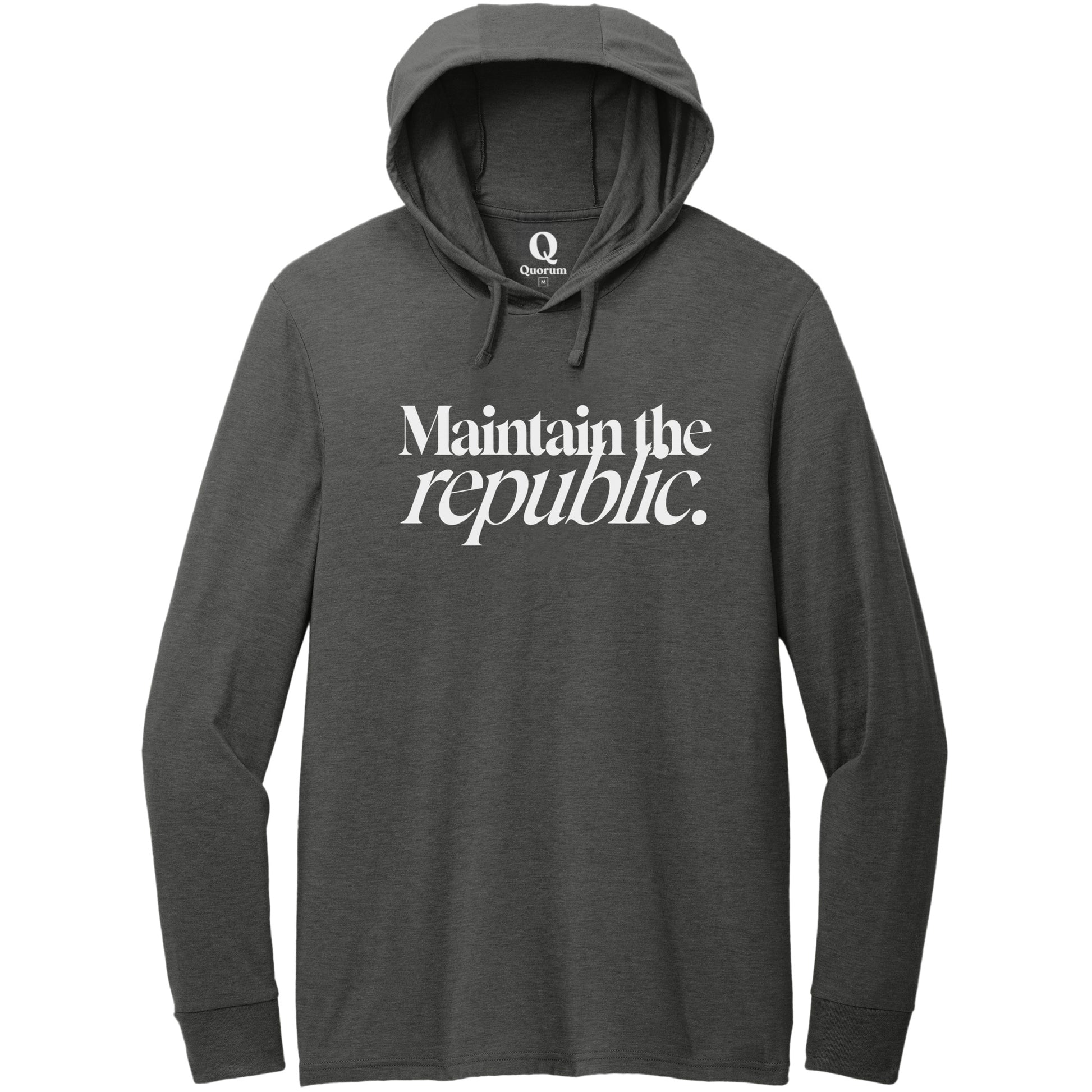 "Maintain the republic." Quorum Tri-Blend Hoodie Tee editorial print in Space Black