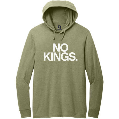 "No Kings." Quorum Tri-Blend Hoodie Tee editorial print in Olive You Green