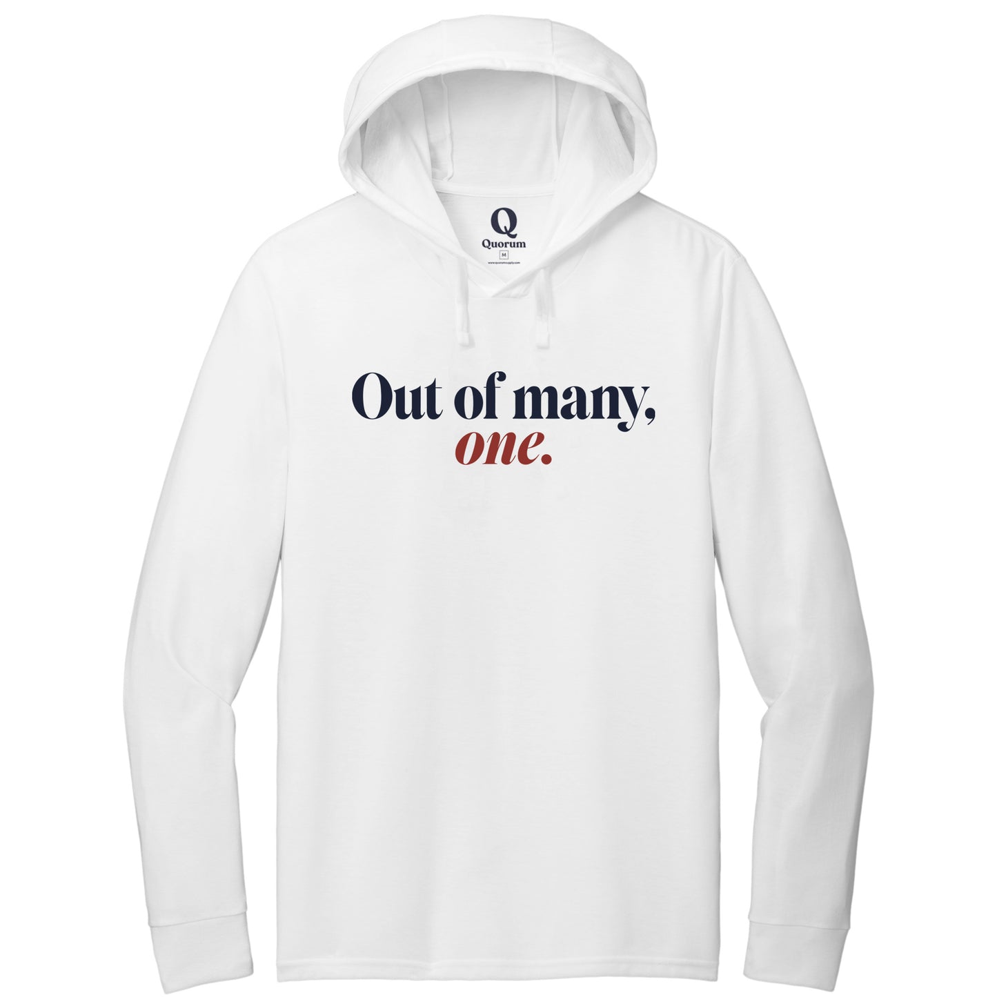 "Out of many, one." Quorum Tri-Blend Hoodie Tee front print in Bright White