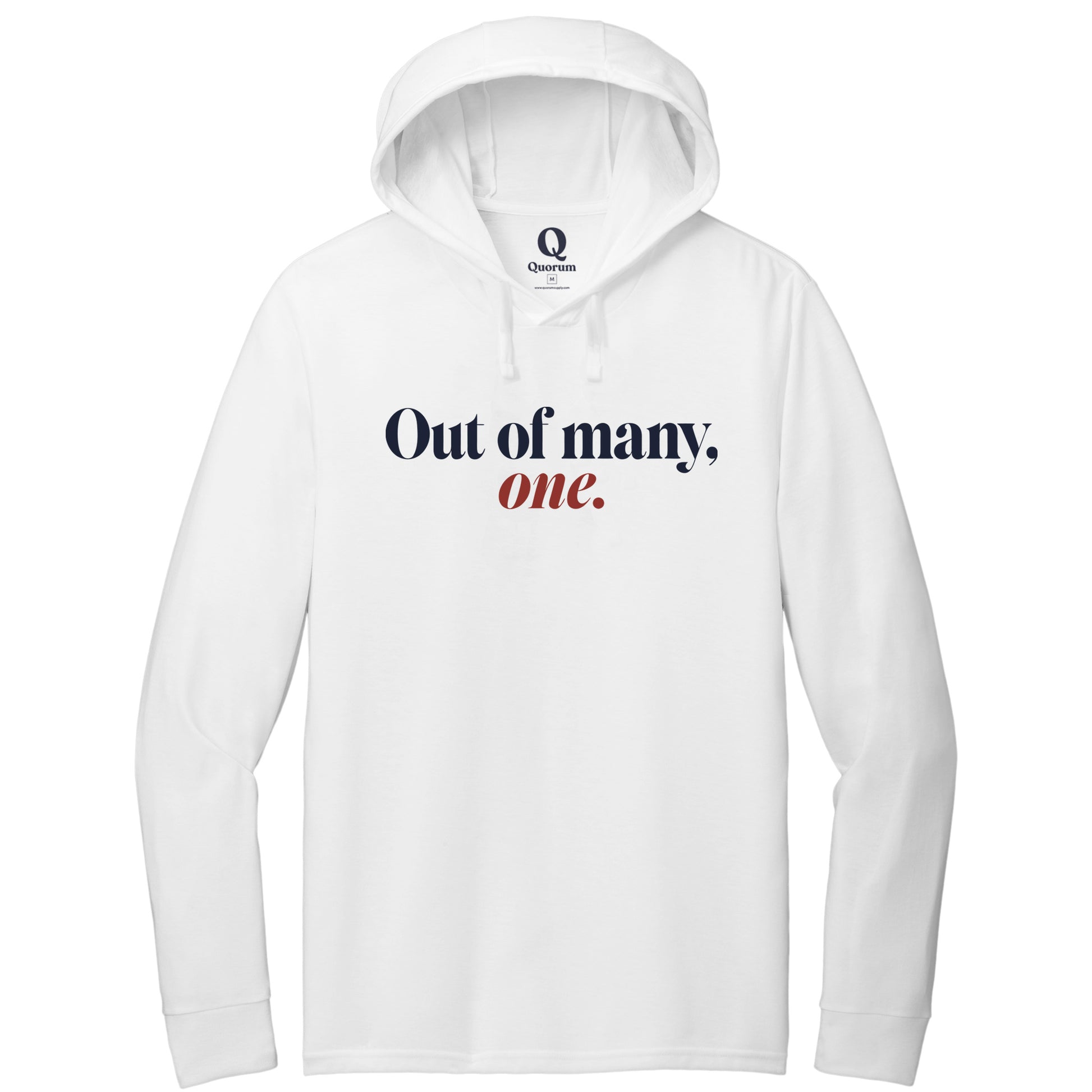 "Out of many, one." Quorum Tri-Blend Hoodie Tee front print in Bright White