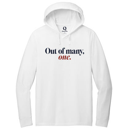 "Out of many, one." Quorum Tri-Blend Hoodie Tee front print in Bright White
