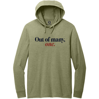 "Out of many, one." Quorum Tri-Blend Hoodie Tee front print in Olive You Green