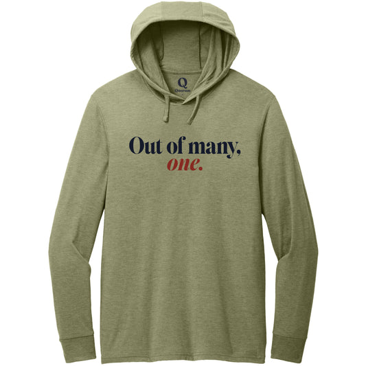 "Out of many, one." Quorum Tri-Blend Hoodie Tee front print in Olive You Green