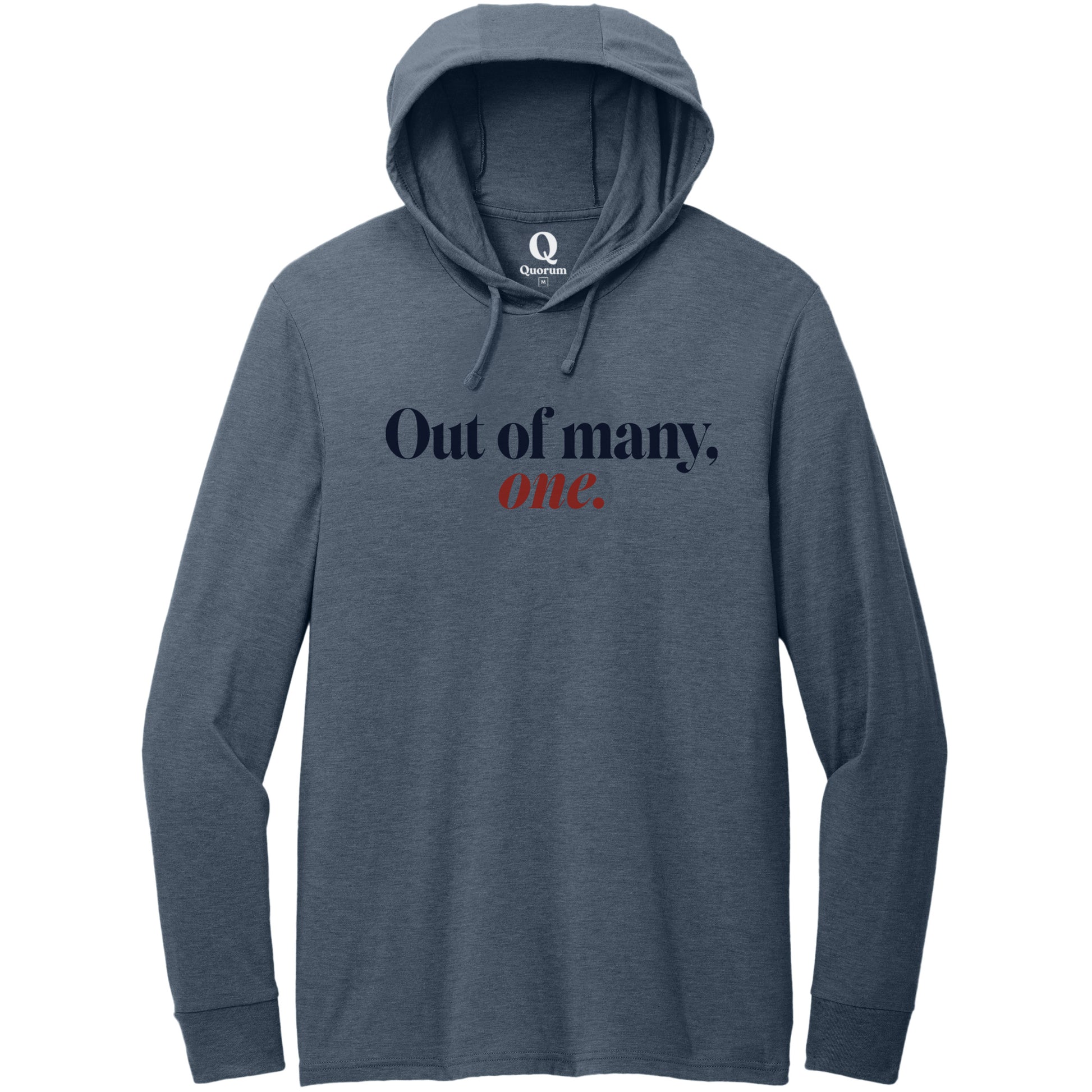 "Out of many, one." Quorum Tri-Blend Hoodie Tee front print in Rebel Blue