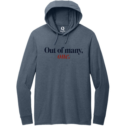 "Out of many, one." Quorum Tri-Blend Hoodie Tee front print in Rebel Blue
