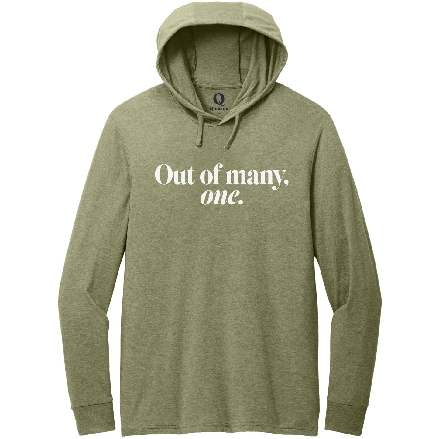 "Out of many, one." Quorum Tri-Blend Hoodie Tee editorial print in Olive You Green