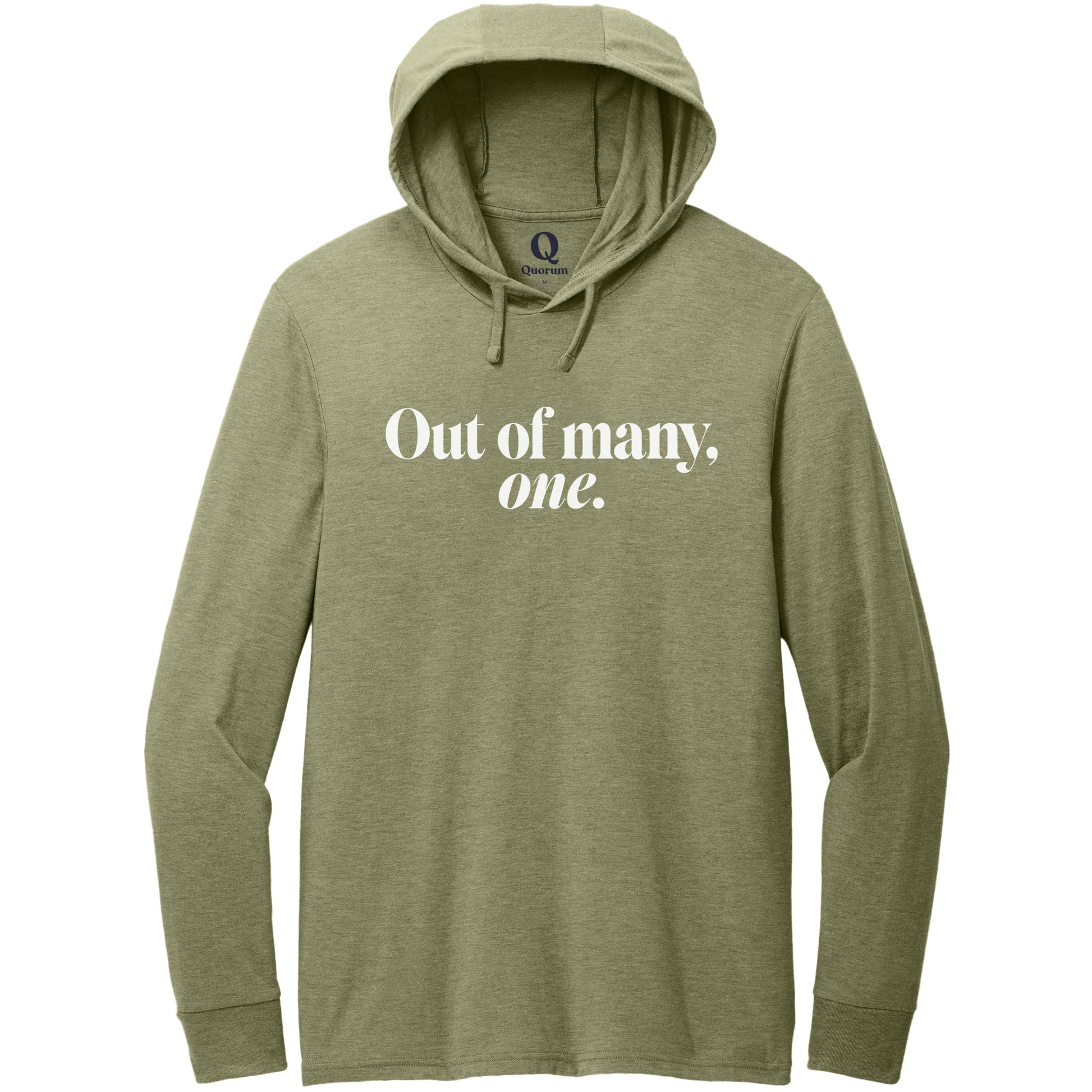 "Out of many, one." Quorum Tri-Blend Hoodie Tee editorial print in Olive You Green