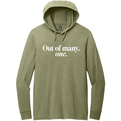 "Out of many, one." Quorum Tri-Blend Hoodie Tee editorial print in Olive You Green