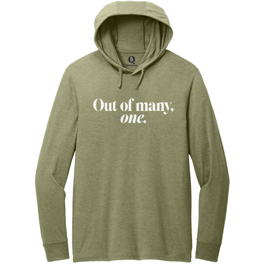"Out of many, one." Quorum Tri-Blend Hoodie Tee editorial print in Olive You Green