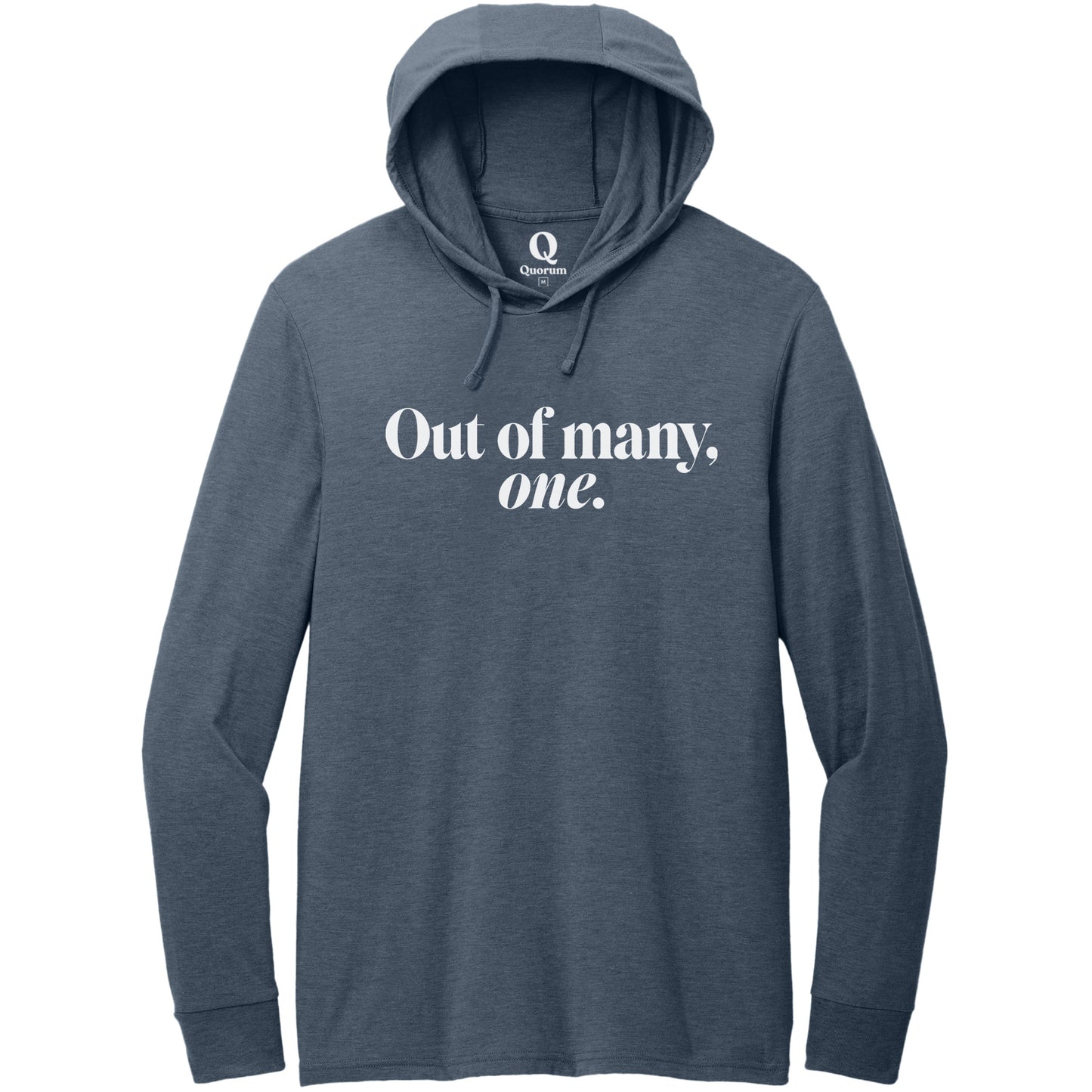 "Out of many, one." Quorum Tri-Blend Hoodie Tee editorial print in Rebel Blue