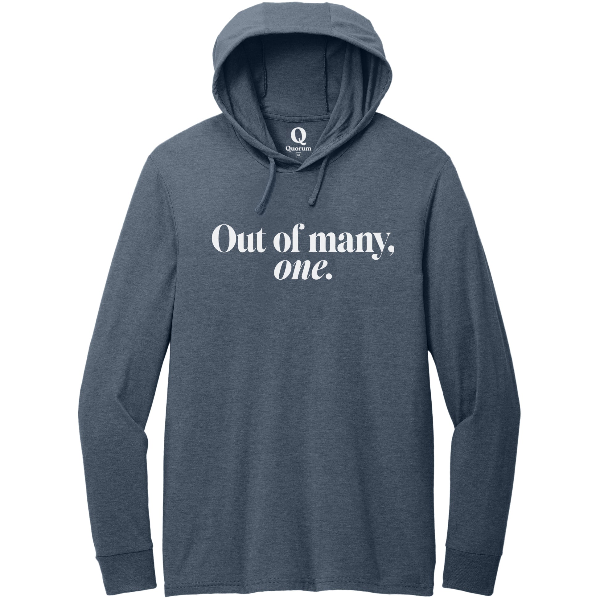 "Out of many, one." Quorum Tri-Blend Hoodie Tee editorial print in Rebel Blue