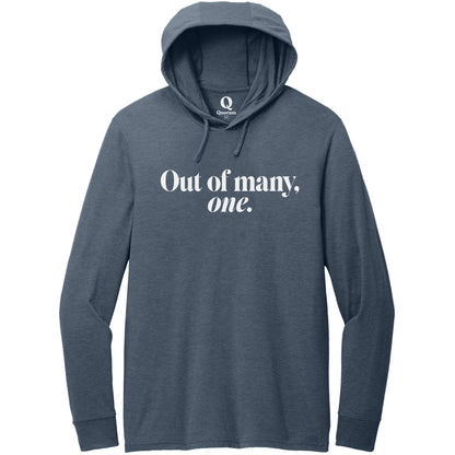 "Out of many, one." Quorum Tri-Blend Hoodie Tee editorial print in Rebel Blue