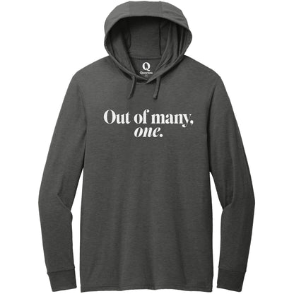 "Out of many, one." Quorum Tri-Blend Hoodie Tee editorial print in Space Black