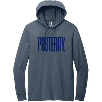 "Posterity." Quorum Tri-Blend Hoodie Tee front print in Rebel Blue