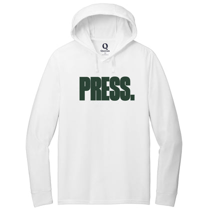 "Press." Quorum Tri-Blend Hoodie Tee front print in Bright White
