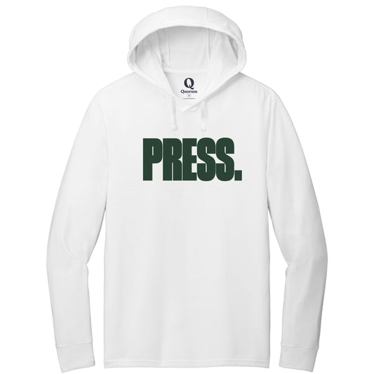 "Press." Quorum Tri-Blend Hoodie Tee front print in Bright White