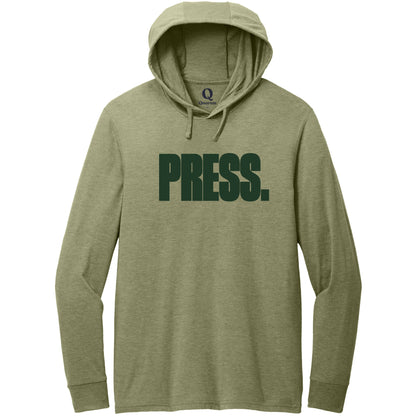 "Press." Quorum Tri-Blend Hoodie Tee front print in Olive You Green