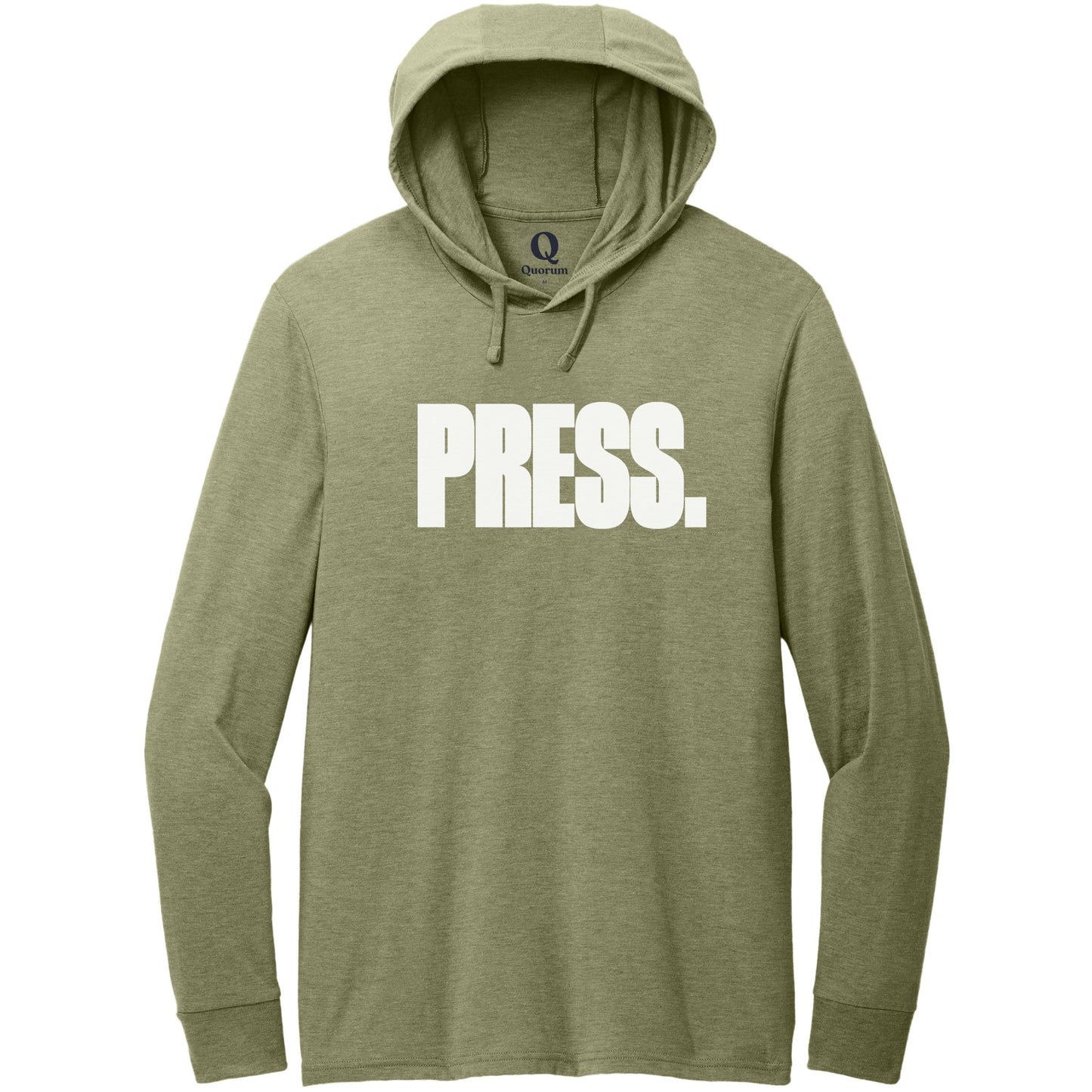 "Press." Quorum Tri-Blend Hoodie Tee editorial print in Olive You Green