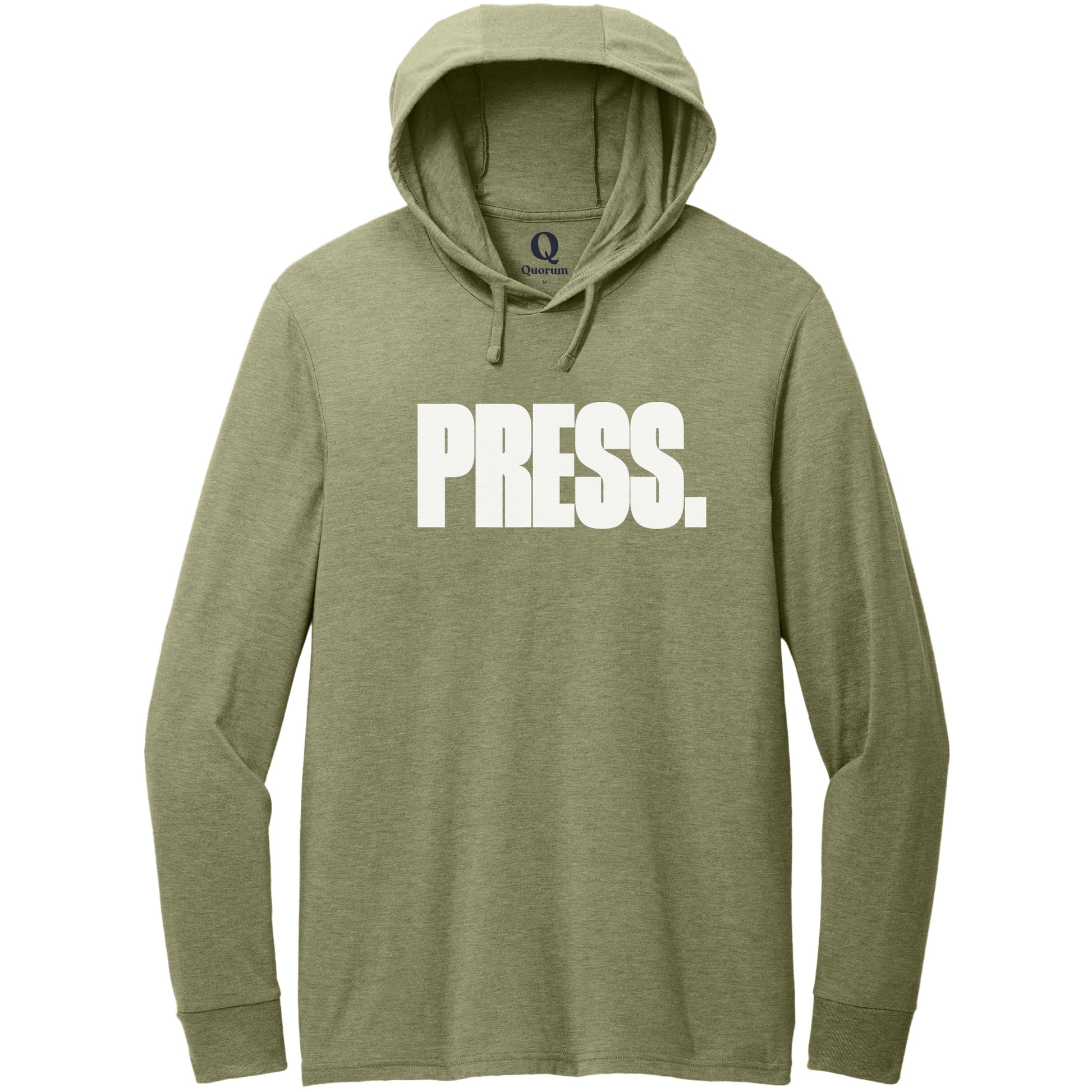 "Press." Quorum Tri-Blend Hoodie Tee editorial print in Olive You Green