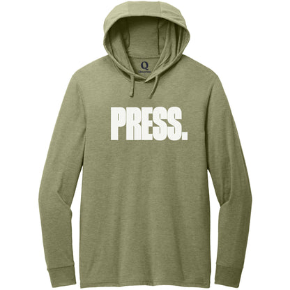 "Press." Quorum Tri-Blend Hoodie Tee editorial print in Olive You Green