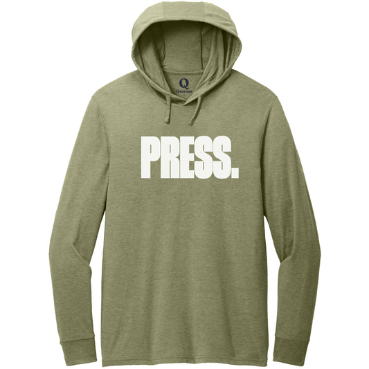 "Press." Quorum Tri-Blend Hoodie Tee editorial print in Olive You Green