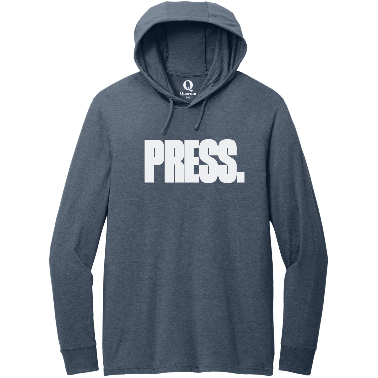 "Press." Quorum Tri-Blend Hoodie Tee editorial print in Rebel Blue