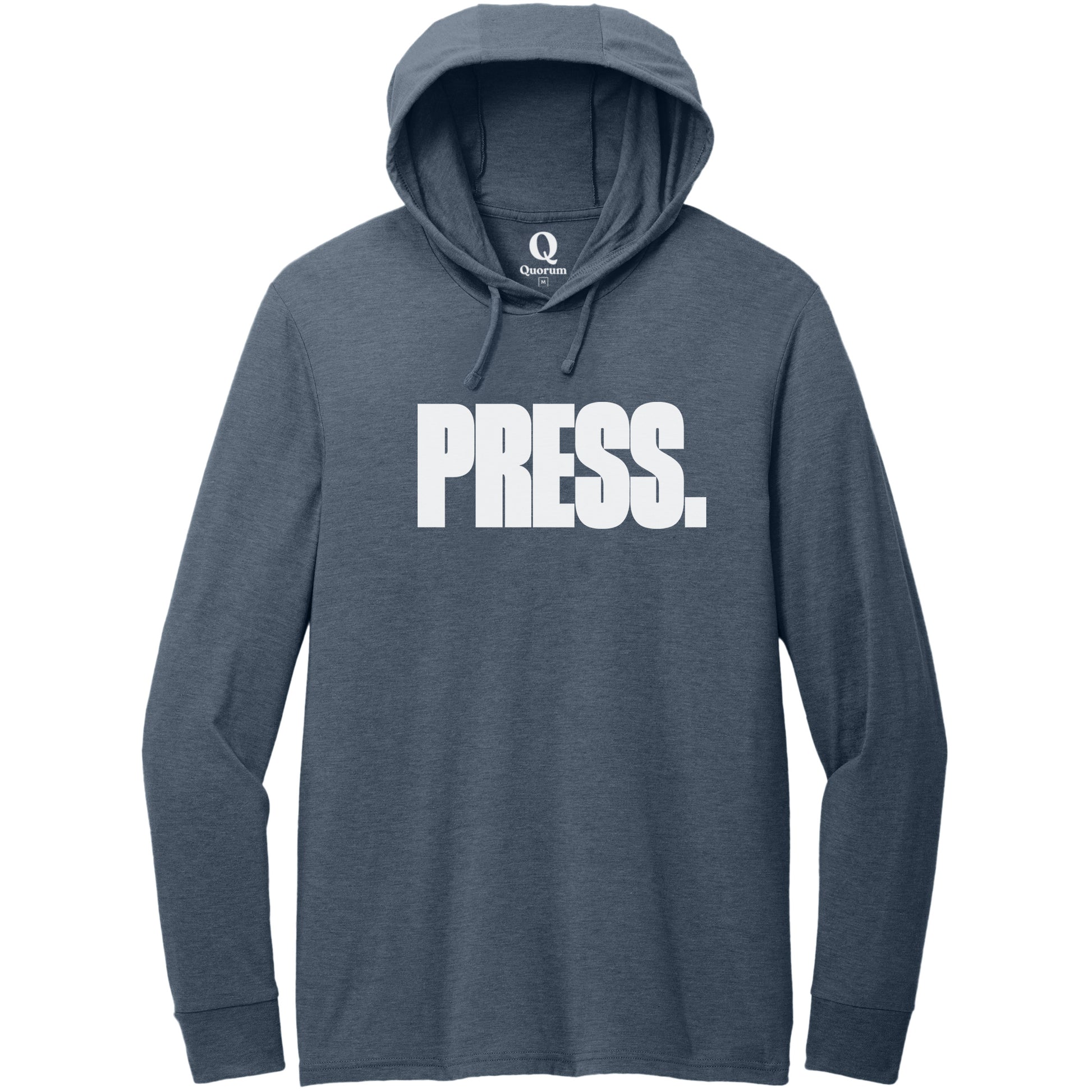 "Press." Quorum Tri-Blend Hoodie Tee editorial print in Rebel Blue