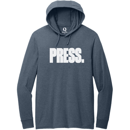 "Press." Quorum Tri-Blend Hoodie Tee editorial print in Rebel Blue