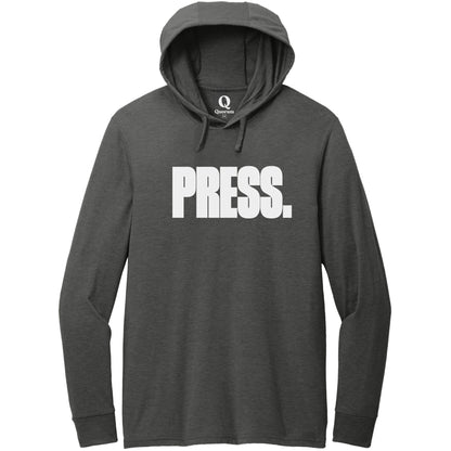 "Press." Quorum Tri-Blend Hoodie Tee editorial print in Space Black