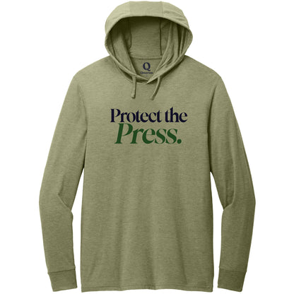 "Protect the Press." Quorum Tri-Blend Hoodie Tee front print in Olive You Green