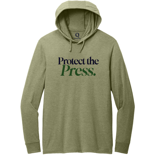"Protect the Press." Quorum Tri-Blend Hoodie Tee front print in Olive You Green
