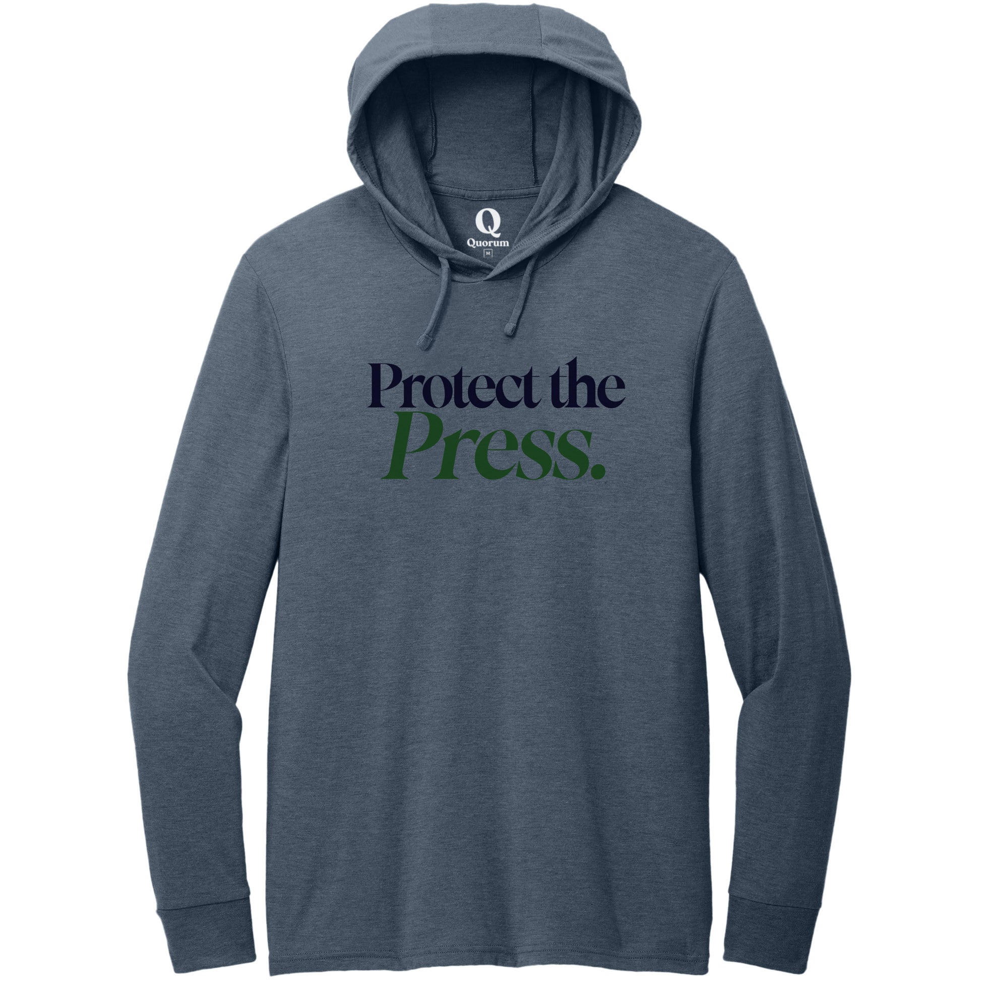 "Protect the Press." Quorum Tri-Blend Hoodie Tee front print in Rebel Blue