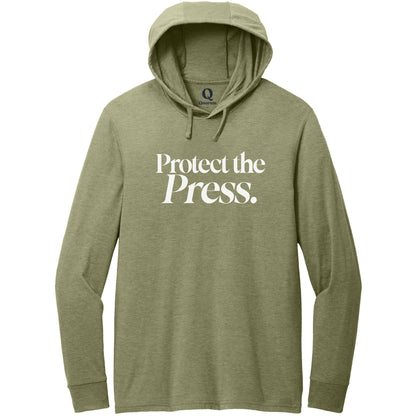 "Protect the Press." Quorum Tri-Blend Hoodie Tee editorial print in Olive You Green