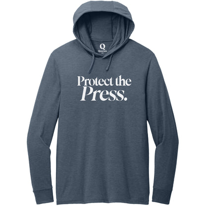 "Protect the Press." Quorum Tri-Blend Hoodie Tee editorial print in Rebel Blue