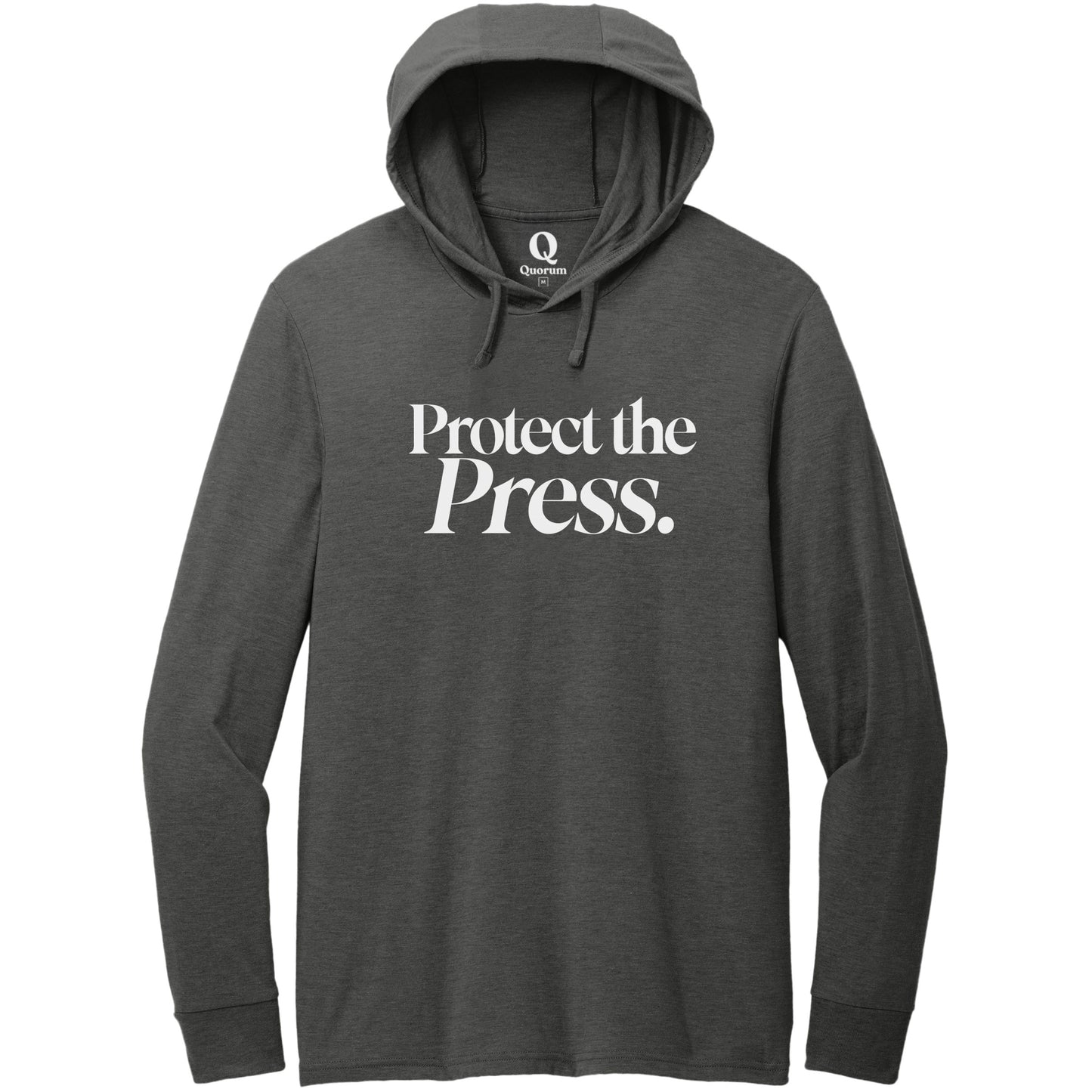 "Protect the Press." Quorum Tri-Blend Hoodie Tee editorial print in Space Black