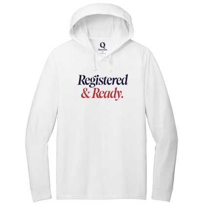 "Registered & Ready." Quorum Tri-Blend Hoodie Tee front print in Bright White