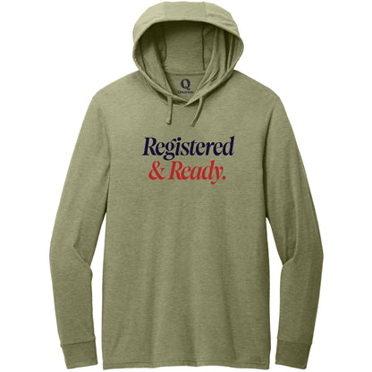 "Registered & Ready." Quorum Tri-Blend Hoodie Tee front print in Olive You Green