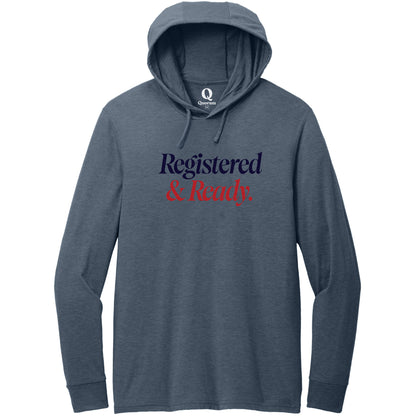 "Registered & Ready." Quorum Tri-Blend Hoodie Tee front print in Rebel Blue